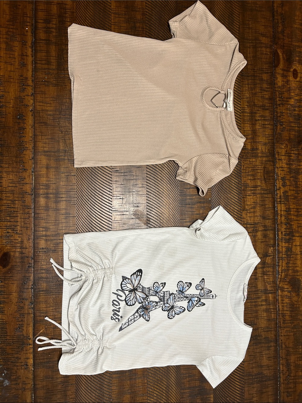 Dreamgirl Beige Ribbed Tee with Heart Ring Accent